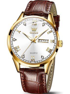 Men's White Fashion Quartz Leather Brown Buckle Waterproof Luminous Round Watch